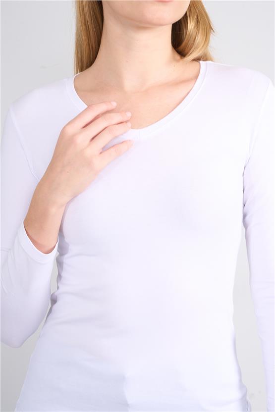 Aksoy K26 151 Beyaz Kadın V Yaka Uzun Kol Sweat