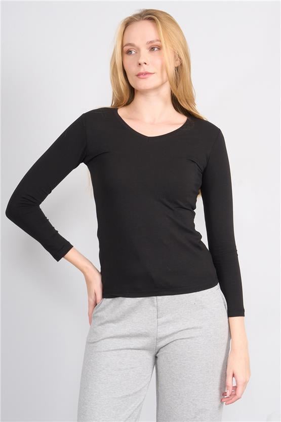 Aksoy K26 151 Sıyah Kadın V Yaka Uzun Kol Sweat
