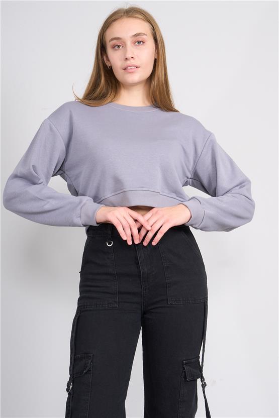 Aksoy K26 24K100-1 Boyalı Grı Kadın O Yaka 3 Ip Sardonsuz Crop Sweat
