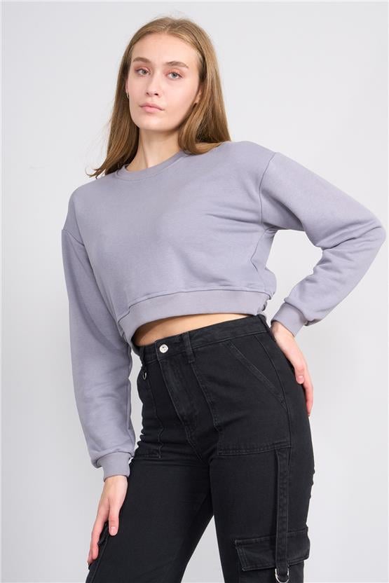 Aksoy K26 24K100-1 Boyalı Grı Kadın O Yaka 3 Ip Sardonsuz Crop Sweat