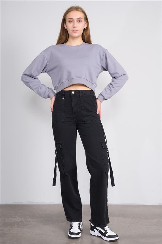 Aksoy K26 24K100-1 Boyalı Grı Kadın O Yaka 3 Ip Sardonsuz Crop Sweat