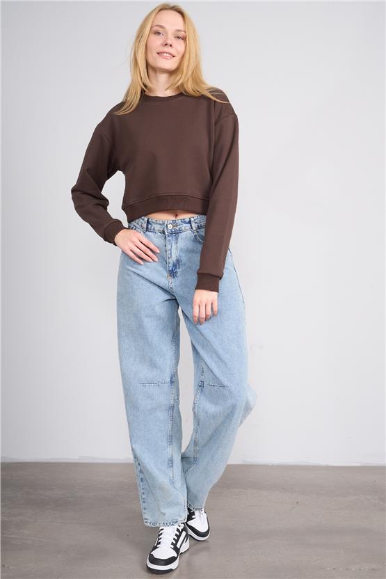 Aksoy K26 24K100-1 Kahve Kadın O Yaka 3 Ip Sardonsuz Crop Sweat