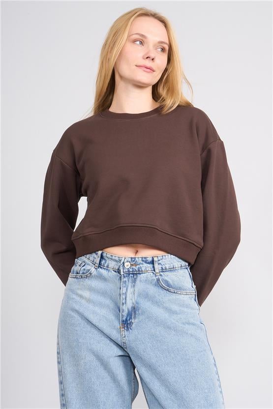 Aksoy K26 24K100-1 Kahve Kadın O Yaka 3 Ip Sardonsuz Crop Sweat