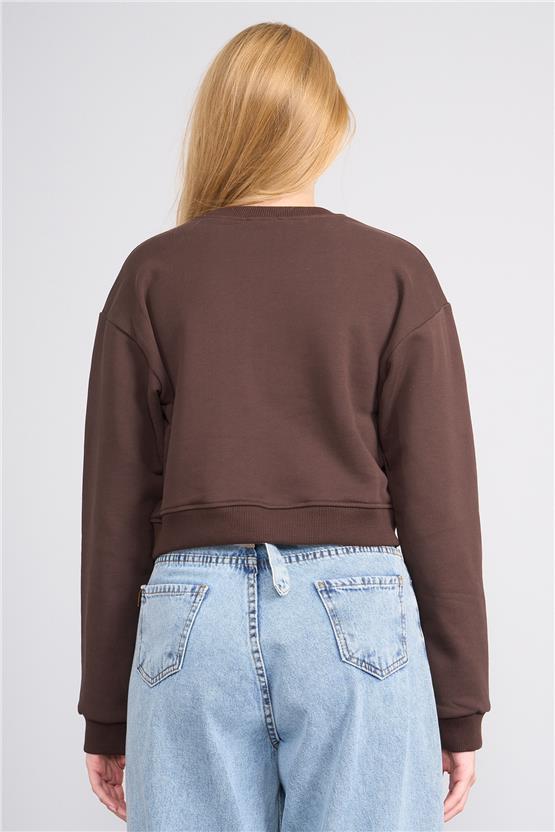 Aksoy K26 24K100-1 Kahve Kadın O Yaka 3 Ip Sardonsuz Crop Sweat