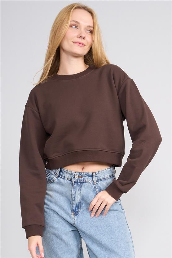Aksoy K26 24K100-1 Kahve Kadın O Yaka 3 Ip Sardonsuz Crop Sweat