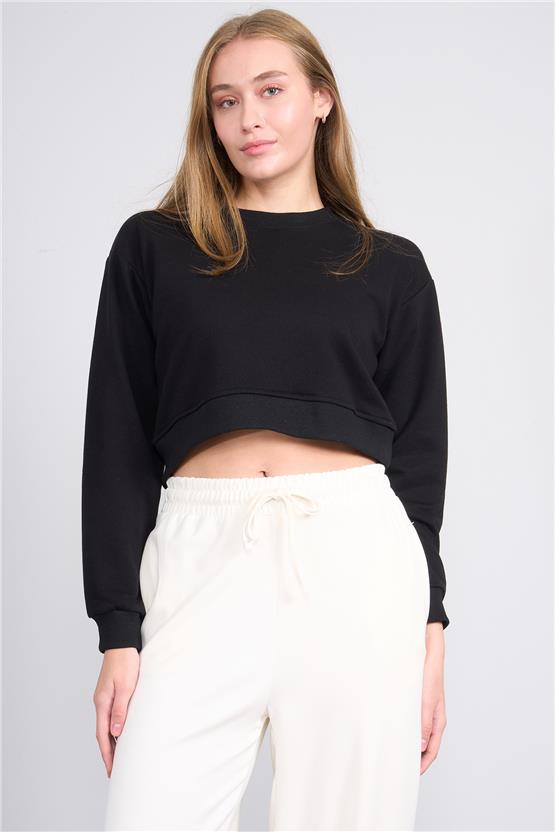 Aksoy K26 24K100-1 Sıyah Kadın O Yaka 3 Ip Sardonsuz Crop Sweat