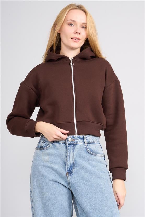 Aksoy K26 24K107 Kahve Kadın 3 Ip Sardonlu Fermuarlı Sweat