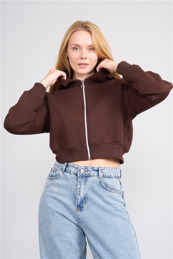 Aksoy K26 24K107 Kahve Kadın 3 Ip Sardonlu Fermuarlı Sweat