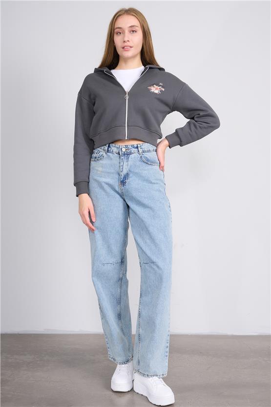 Aksoy K26 24K107 Koyugrı Kadın 3 Ip Sardonlu Fermuarlı Sweat