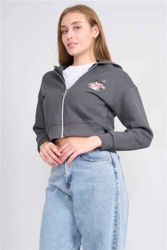 Aksoy K26 24K107 Koyugrı Kadın 3 Ip Sardonlu Fermuarlı Sweat