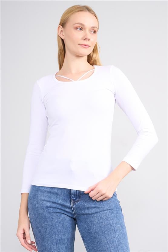 Aksoy K26 24K152 Beyaz Kadın Ön Capraz Uzun Kol Sweat