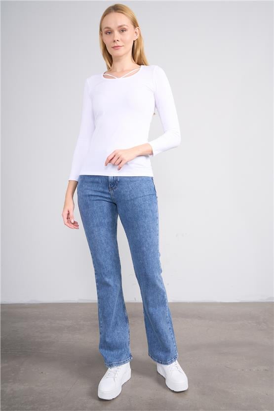 Aksoy K26 24K152 Beyaz Kadın Ön Capraz Uzun Kol Sweat