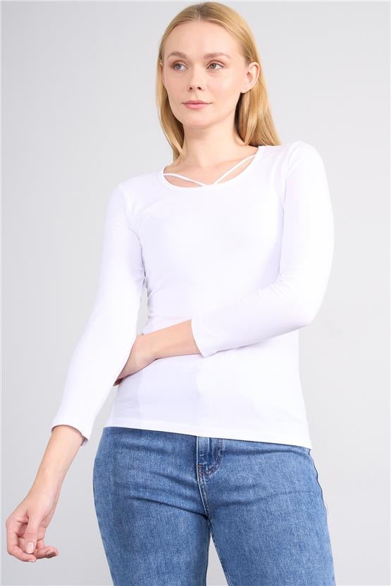 Aksoy K26 24K152 Beyaz Kadın Ön Capraz Uzun Kol Sweat