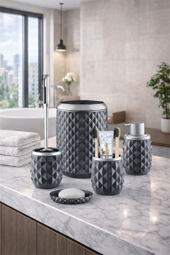 Ananas Desenli Banyo Aksesuar Seti  Click Kapaklı Çöp Kovası Tuvalet Fırçası Ve Lavabo Üstü Set