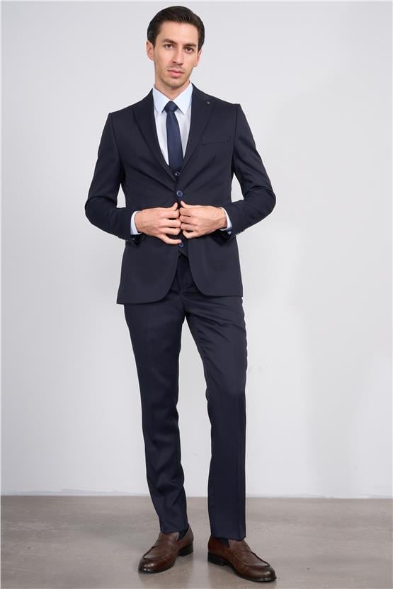 Atlıhan Lagos Lacivert Erkek Polyviskon Slim Fit Yelekli Takım