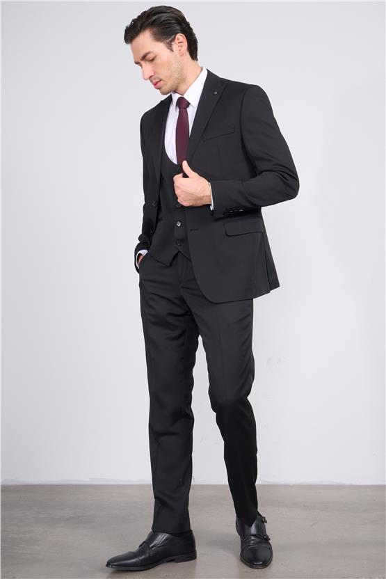 Atlıhan Lagos Siyah Erkek Polyviskon Slim Fit Yelekli Takım
