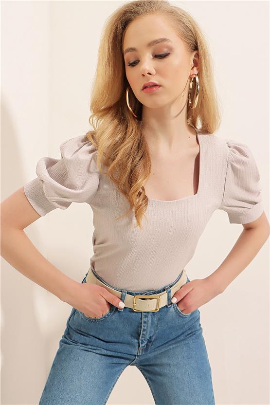 Bigdart 0409 Bej Kadın Kare Yaka Bluz