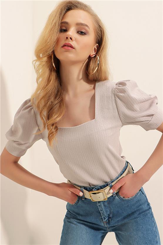 Bigdart 0409 Bej Kadın Kare Yaka Bluz