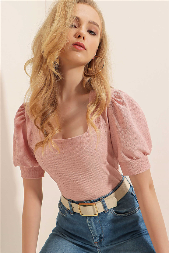 Bigdart 0409 Pudra Kadın Kare Yaka Orme Bluz