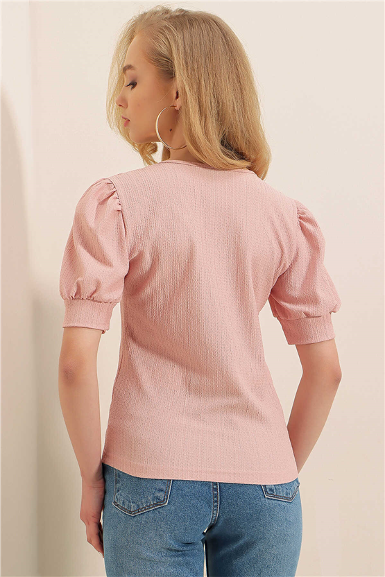 Bigdart 0409 Pudra Kadın Kare Yaka Orme Bluz