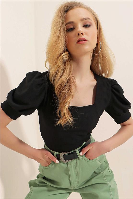 Bigdart 0409 Siyah Kadın Kare Yaka Bluz