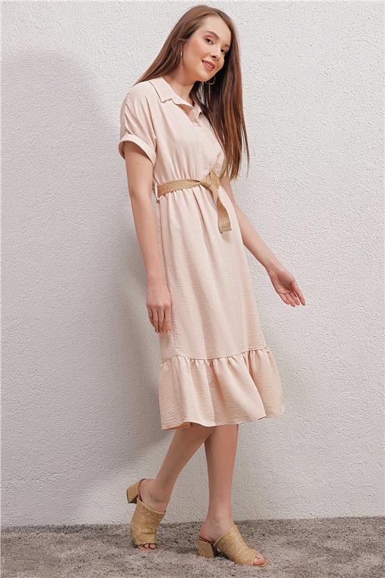 Bigdart 2292 Bej Kadın Kemerli Elbise