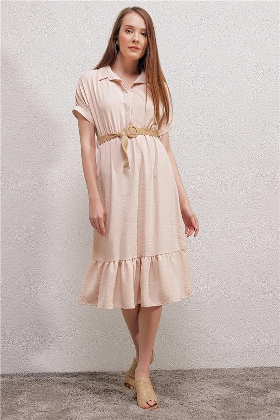 Bigdart 2292 Bej Kadın Kemerli Elbise