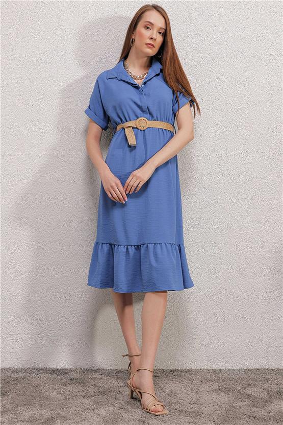 Bigdart 2292 İndigo Kadın Kemerli Elbise