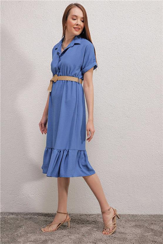 Bigdart 2292 İndigo Kadın Kemerli Elbise