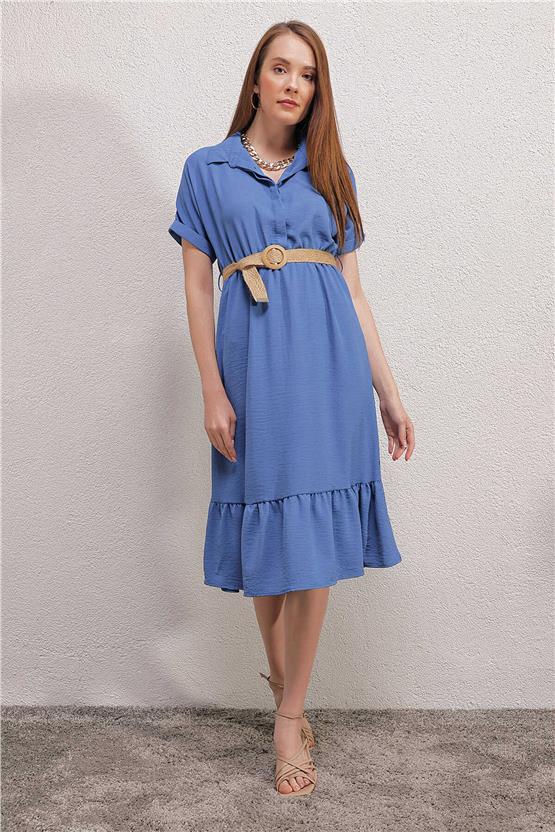 Bigdart 2292 İndigo Kadın Kemerli Elbise