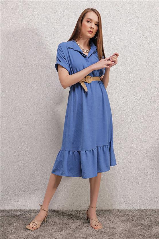 Bigdart 2292 İndigo Kadın Kemerli Elbise