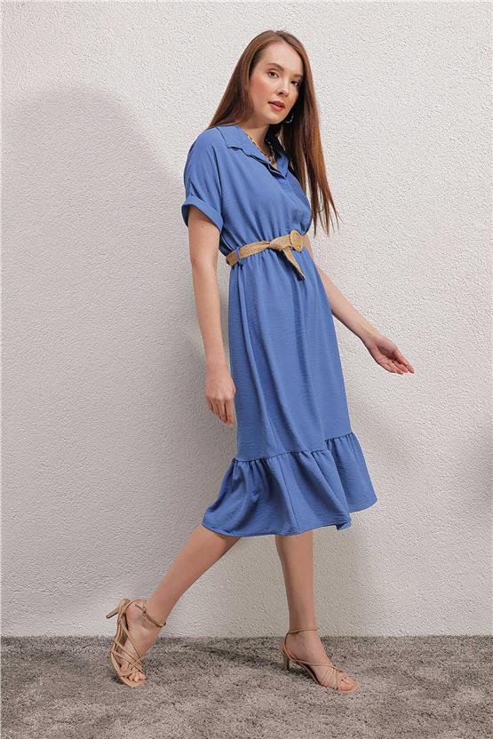 Bigdart 2292 İndigo Kadın Kemerli Elbise