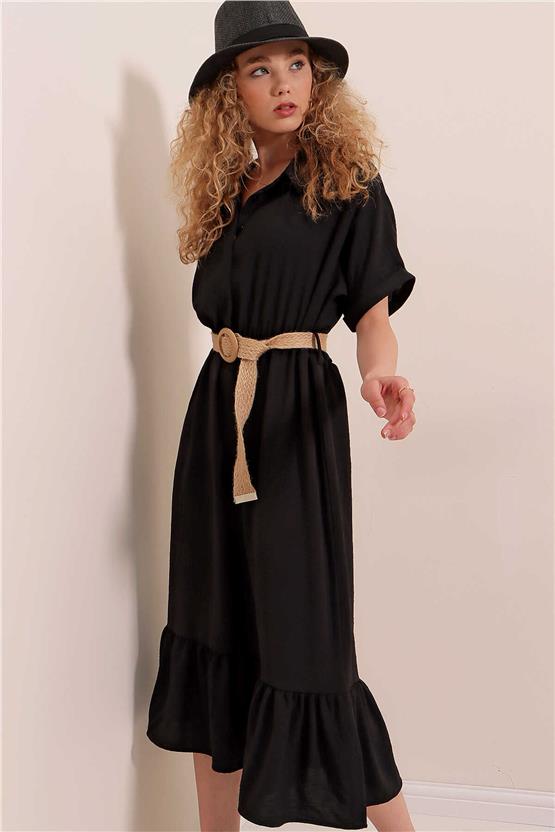 Bigdart 2292 Siyah Kadın Kemerli Elbise