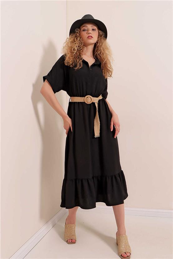 Bigdart 2292 Siyah Kadın Kemerli Elbise