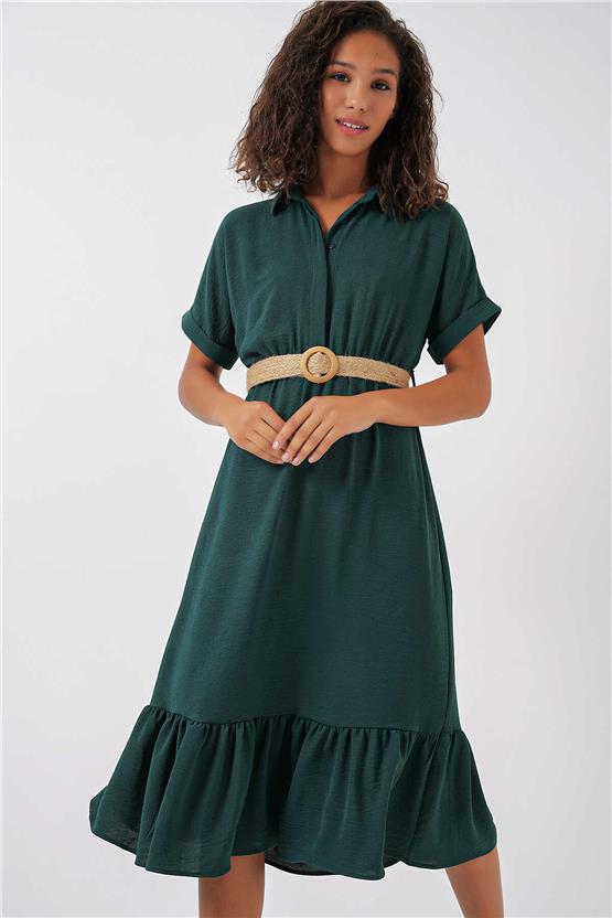 Bigdart 2292 Yeşil Kadın Kemerli Elbise