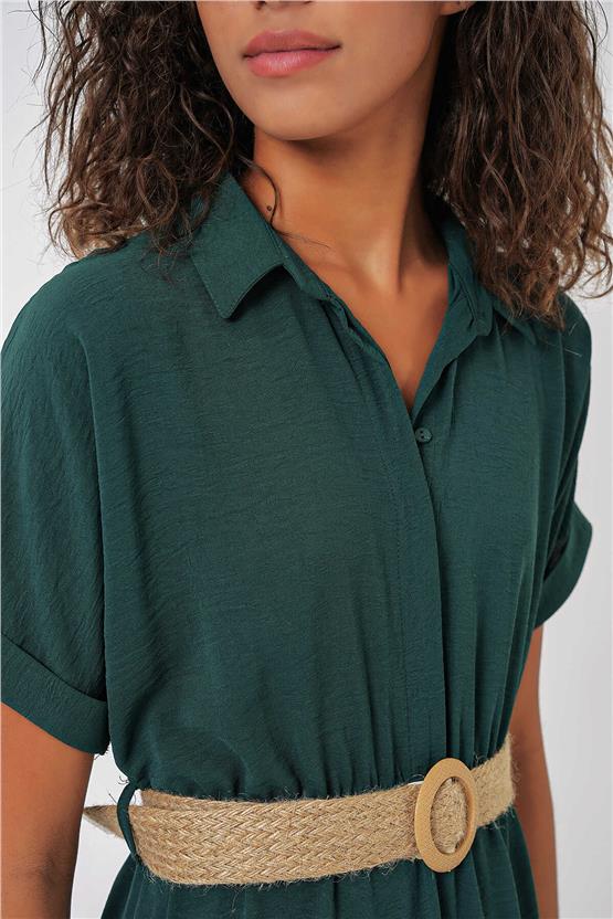 Bigdart 2292 Yeşil Kadın Kemerli Elbise