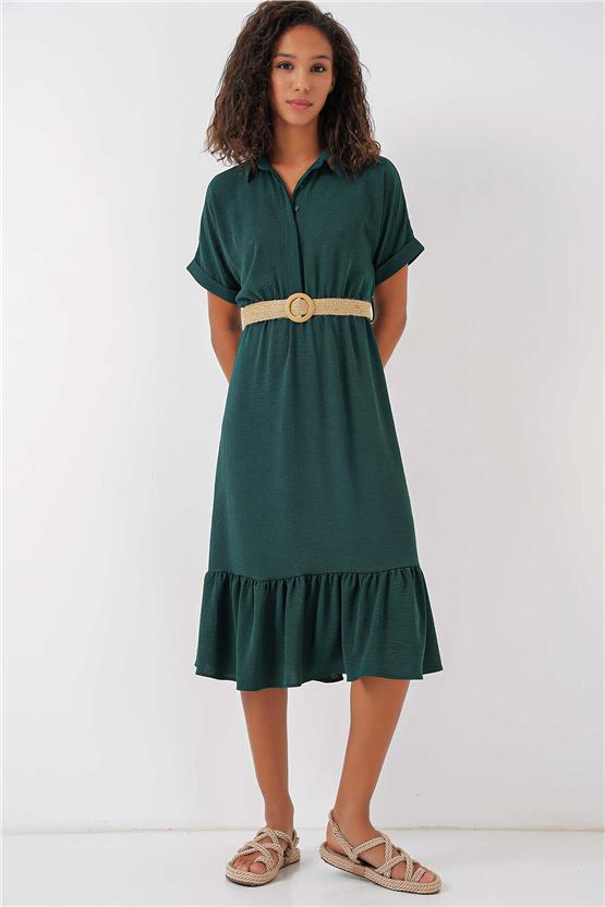 Bigdart 2292 Yeşil Kadın Kemerli Elbise