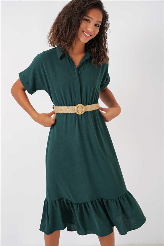 Bigdart 2292 Yeşil Kadın Kemerli Elbise