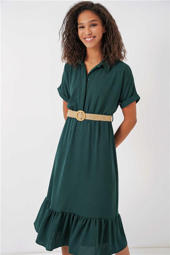 Bigdart 2292 Yeşil Kadın Kemerli Elbise