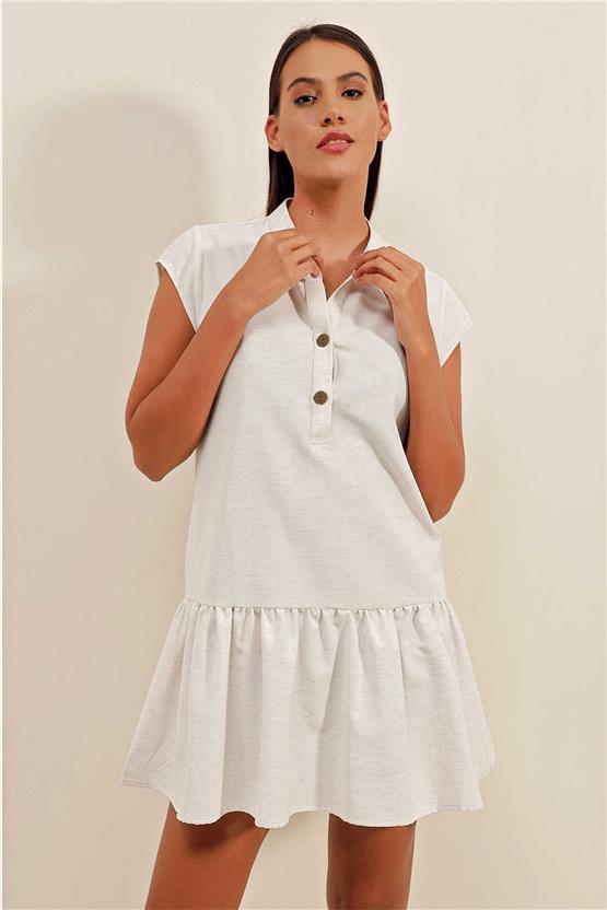 Bigdart 2425 Ekru Kadın Keten Mini Elbise