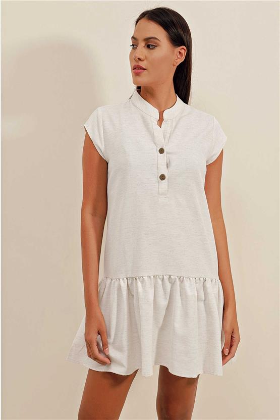 Bigdart 2425 Ekru Kadın Keten Mini Elbise