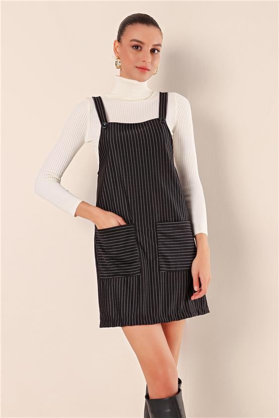 Bigdart 2440 Siyah Beyaz Kadın Kareli Salopet Elbise