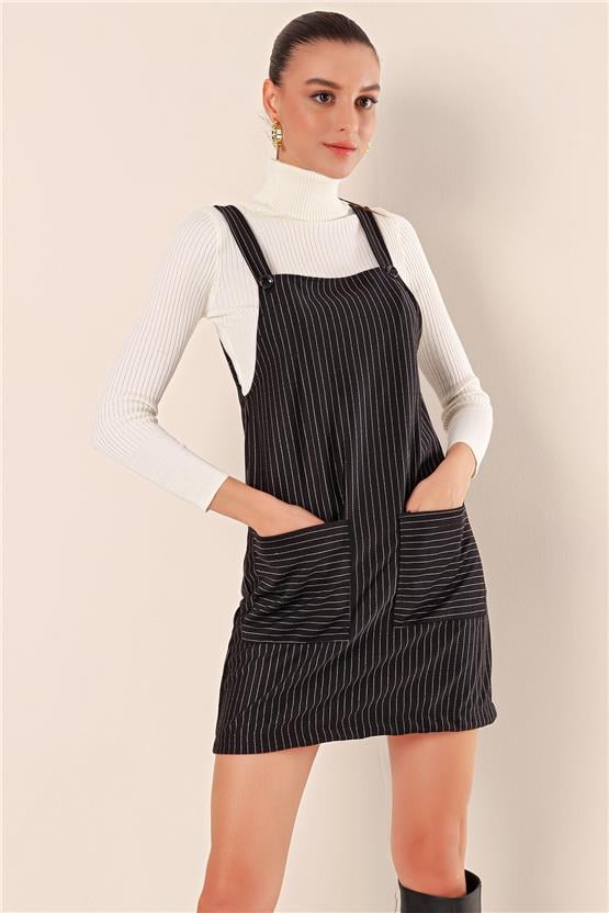 Bigdart 2440 Siyah Beyaz Kadın Kareli Salopet Elbise