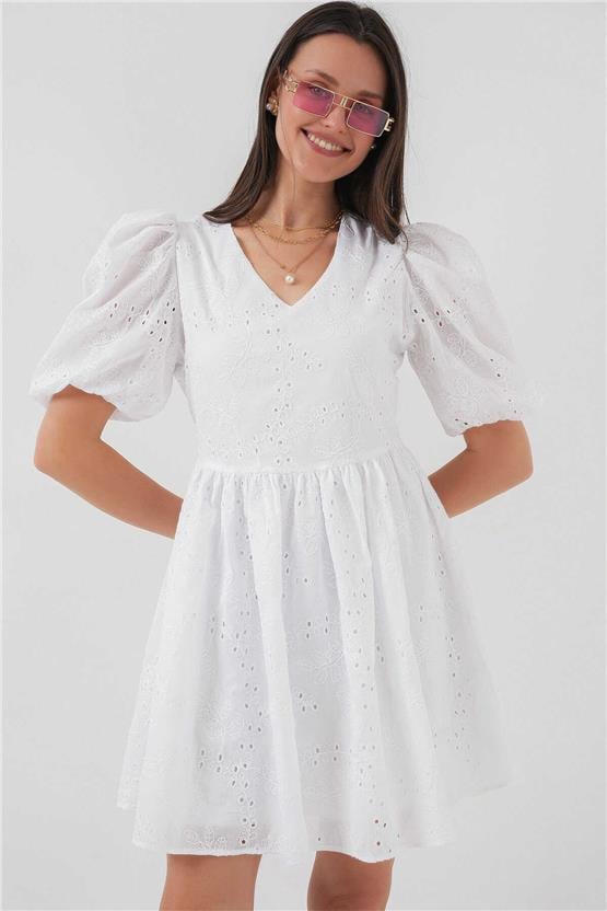 Bigdart 2529 Beyaz Kadın Fistolu Kısa Elbise