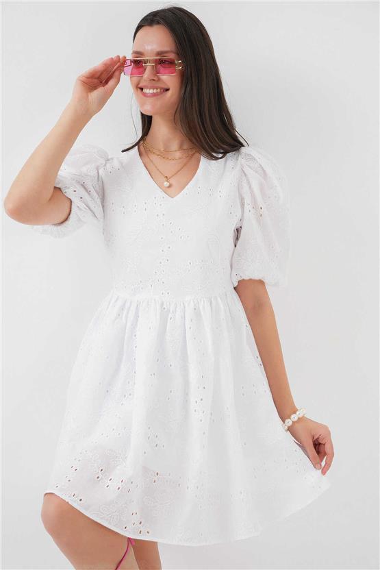 Bigdart 2529 Beyaz Kadın Fistolu Kısa Elbise
