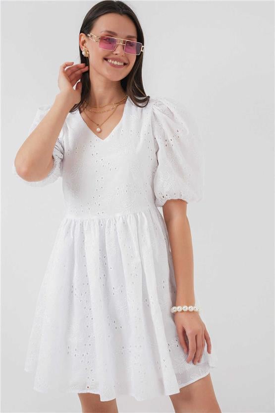 Bigdart 2529 Beyaz Kadın Fistolu Kısa Elbise