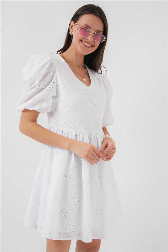 Bigdart 2529 Beyaz Kadın Fistolu Kısa Elbise