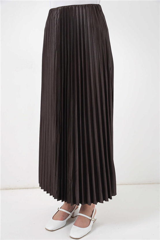 Bigdart 8009 Kahverengi Kadın Pılıselı Saten Gorunumlu Etek Std