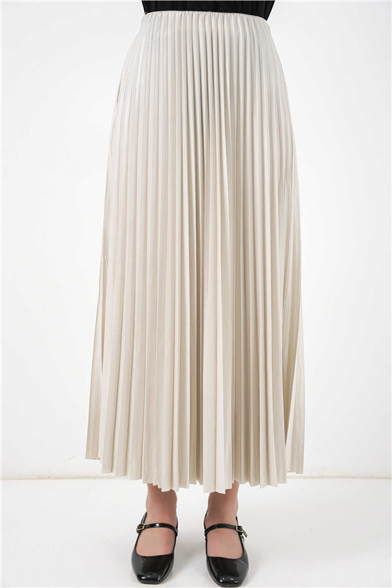 Bigdart 8009 Krem Kadın Pılıselı Saten Gorunumlu Etek Std