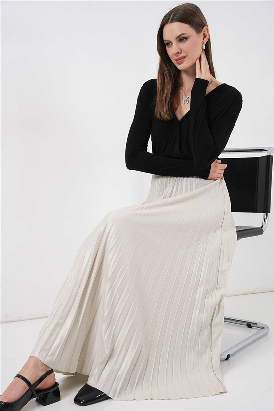 Bigdart 8009 Krem Kadın Pılıselı Saten Gorunumlu Etek Std